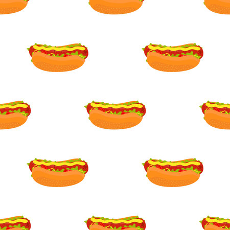 Vector hot dog seamless pattern. Frankfurter with mustard sauce, fast food. Made in cartoon flat styleのイラスト素材