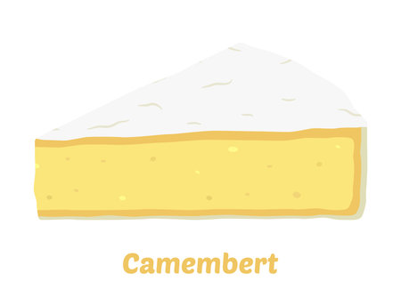 Camembert cheese triangle piece, Slice, chunk in cartoon flat style. Farm market dairy product for label, poster, icon, packaging.のイラスト素材