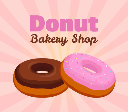 Donut poster, banner with pink glaze, chocolate pastry for advertising of bakery shop. Made in cartoon flat style. Illustration for promotion, sales, discounts.のイラスト素材