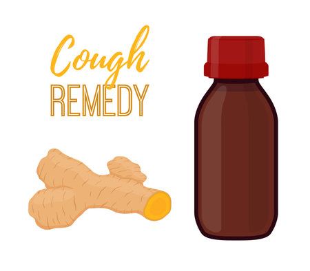 Vector illustration of bottle with cough remedy with curcuma, turmeric liquid. Medicine, treatment of flu, illness, disease. Made in cartoon flat styleのイラスト素材