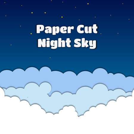 Vector paper cut illustration with night sky, clouds. Papercut sleep concept. Darkness banner, evening poster.のイラスト素材