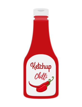 Vector ketchup bottle in cartoon style. Hot, spicy tomato sauce with chilli pepper, condiment in transparent glass, plastic bottleのイラスト素材