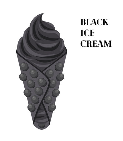 Vector black charcoal ice cream in waffle. Modern trend in dessert. Sweet food with coconut ash, activated carbon. Made in cartoon flat styleのイラスト素材