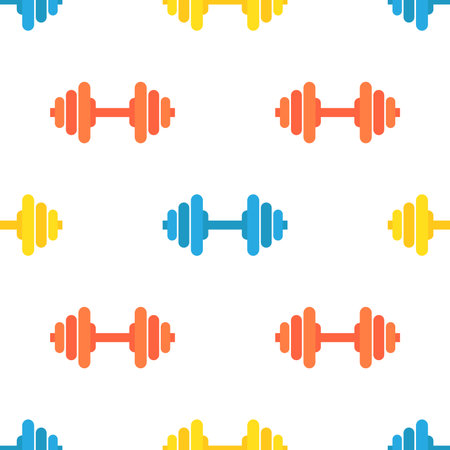 Vector seamless pattern of gym barbells. Silhouettes of sport equipment in bright colors. Flat dumbbell for weightlifting, powerliftingのイラスト素材