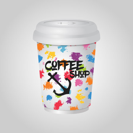 Vector 3d realistic coffee mug, cup with americano, latte. Hot drink mock up. Design element for menu, restaurant. Template of delicious cappuccino in disposable package.のイラスト素材