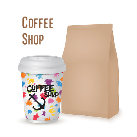 Vector 3d realistic coffee cup with paper package. Folded kraft box, drink disposable container for coffee shop isolated on white background.のイラスト素材