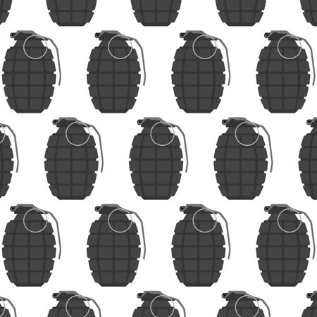 Vector hand grenade seamless pattern, arm weapon. Explosive dangerous thing. Object of military, army or police.のイラスト素材