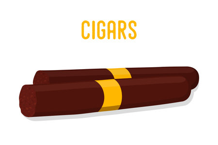 Vector cartoon brown cigar, tobacco smoking product. Cuban, Havana premium cigars with golden elements.のイラスト素材