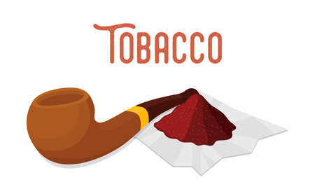 Vector smoking set - wooden pipe with pinch, heap of melted tobacco leaf on paper. Cartoon flat styleのイラスト素材