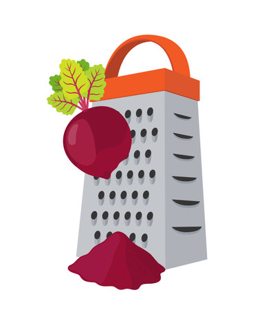 Vector grater with beetroot - stainless steel kitchenware to slice vegetables, cut products. Domestic shredder with sliced beet in cartoon flat style.のイラスト素材
