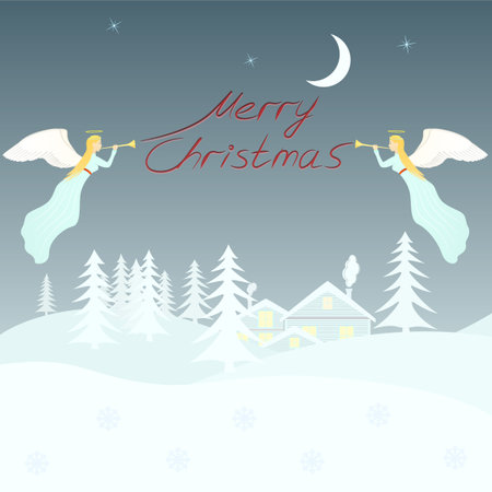 Christmas card village with angelsのイラスト素材