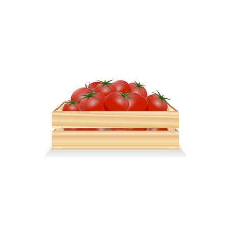 Wooden box with tomatoes on white backgroundのイラスト素材