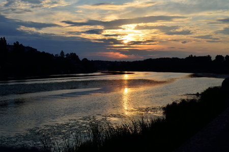 sunset on the wide riverの写真素材