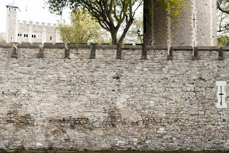 Big wall made of stone blocks in a fortressの写真素材