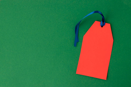One empty red tag on a green background. Copy space for your text. Black Friday concept.の写真素材