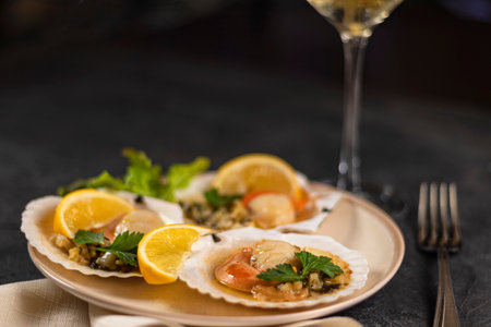 Scallops with lemon on a black background with a napkin and a fork. Baked scallops with caviar in a plate against the background of blurred glasses of wine. Soft focusの写真素材
