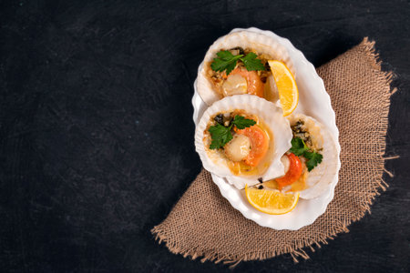 Baked scallops with caviar and creamy garlic sauce in white plate. Scallops with lemon on black background with napkin. Top view. Copy space. Flat layの写真素材