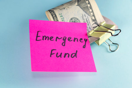 US dollars in paper clip on pastel blue background with note written EMERGENCY FUND: Concept of setting money saving goal for rainy day.の写真素材