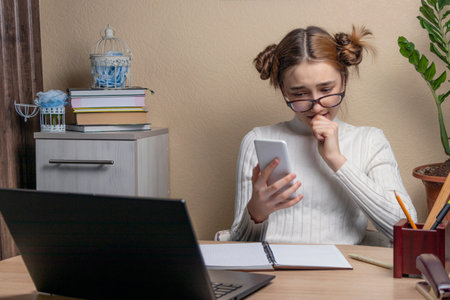 upset and sad teenage girl gazes at the smartphone screen while sitting at laptop during online...