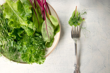 Plate with different types of salads and fork on white textured table. Young juicy sprouts of peas or beans, beet shoots and green salad. healthy food concept. Soft focus.の写真素材
