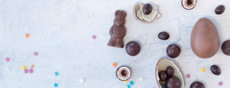 banner with chocolate eggs and round candies with chocolate rabbit and ribbon on a white background. top viewの写真素材