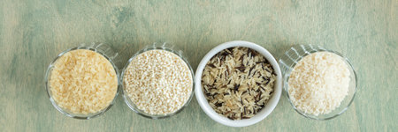 banner of different types of rice. wild rice, sushi rice, shredded and steamed rice on a green...
