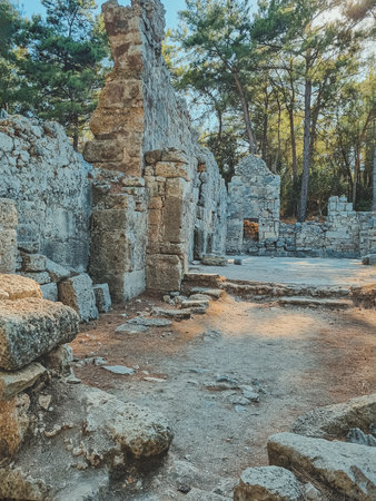 Vertical photo of ancient stone ruins beside green trees, with sunlight filtering through branches and creating a warm natural glow.の写真素材