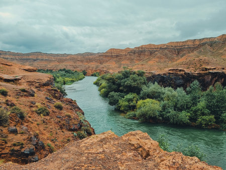 Photo of a mountain river flowing through an orange rock canyon with green vegetation along the...