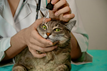 Close-up of gray cat looking at camera while female veterinarian applies eye drops. Pet care,...