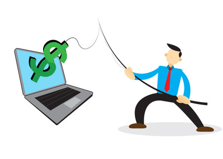 Vector illustration of a cartoon character with the concept of a businessman fishing for dollars. EPS 10.のイラスト素材