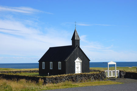 Iceland Chapel on seashore of North Sea, Iceland.の写真素材