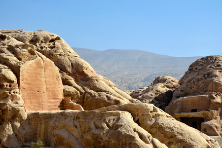 Ancient stone graves in National park Little Petra, Jordan の写真素材