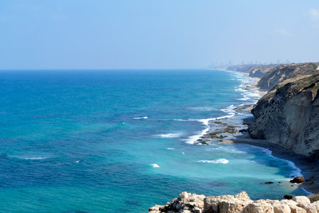 Long coastline at Mediterranean seaside near ancient Apollonia in Israel.の写真素材