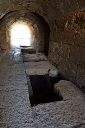 Ancient underground passage in Agrippa palace, Banias National park, Israel.のeditorial素材