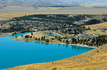 Tekapo town landscape from Mount John outlook in New Zealand.の写真素材