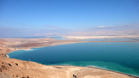 Aerial landscape of drying Dead Sea in Israel.の写真素材