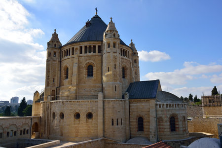 Huge building of Dormition Abbey in old city of Jerusalem.の写真素材