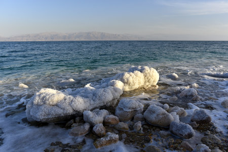 Stones covered with salt on coast of Dead Sea, Israel.の写真素材