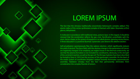 Green neon abstract background. square tiles which fall in the space . space for textのイラスト素材
