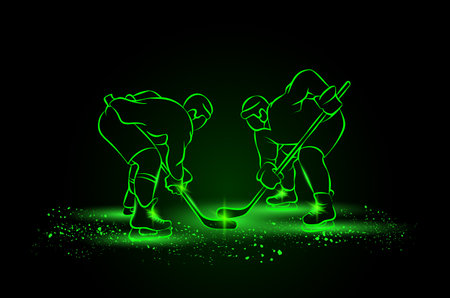 Hockey players are preparing for the face-off. Neon style.のイラスト素材