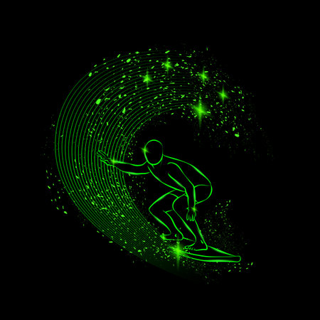 neon surfer under the wave, sport neon illustration.のイラスト素材
