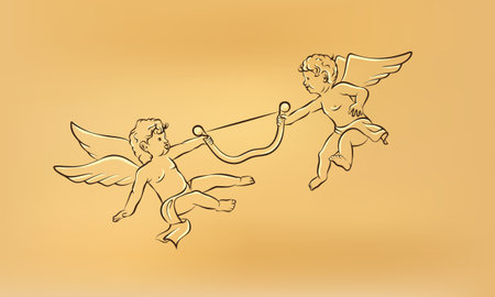 Retro cupid angels fun fight for the one bow, valentine's day card decoration. Vector hand drawn illustration on the old paperのイラスト素材