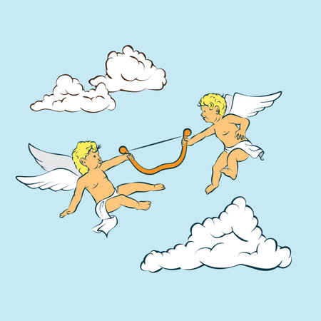 Cartoon cupid angels fun fight for the one bow in the clouds, valentine's day card decoration.のイラスト素材