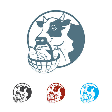 Cow hold in it mouth basket with milk products. Monochrome illustration.のイラスト素材