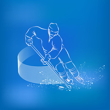 Hockey player races with the puck and a stick. Sports background.のイラスト素材