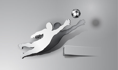 Soccer. Goalkeeper catches the ball. Sport paper cut design on a gray background with space for text.のイラスト素材