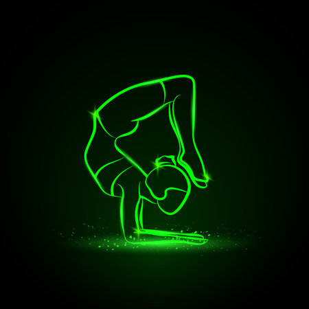 Yoga pose. Neon vector illustration of a woman practices yoga.のイラスト素材
