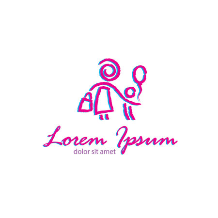 Mom with a child who is holding a balloon. Vector hand drawing logo.のイラスト素材