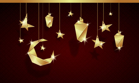 Ramadan Kareem 3d gold origami background with stars, moon and lamps made of the golden paper.のイラスト素材