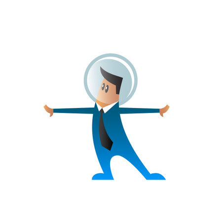 Flat character in a suit and tie with space helmet on his head. Cartoon office worker with his hands divorced in the sides.のイラスト素材
